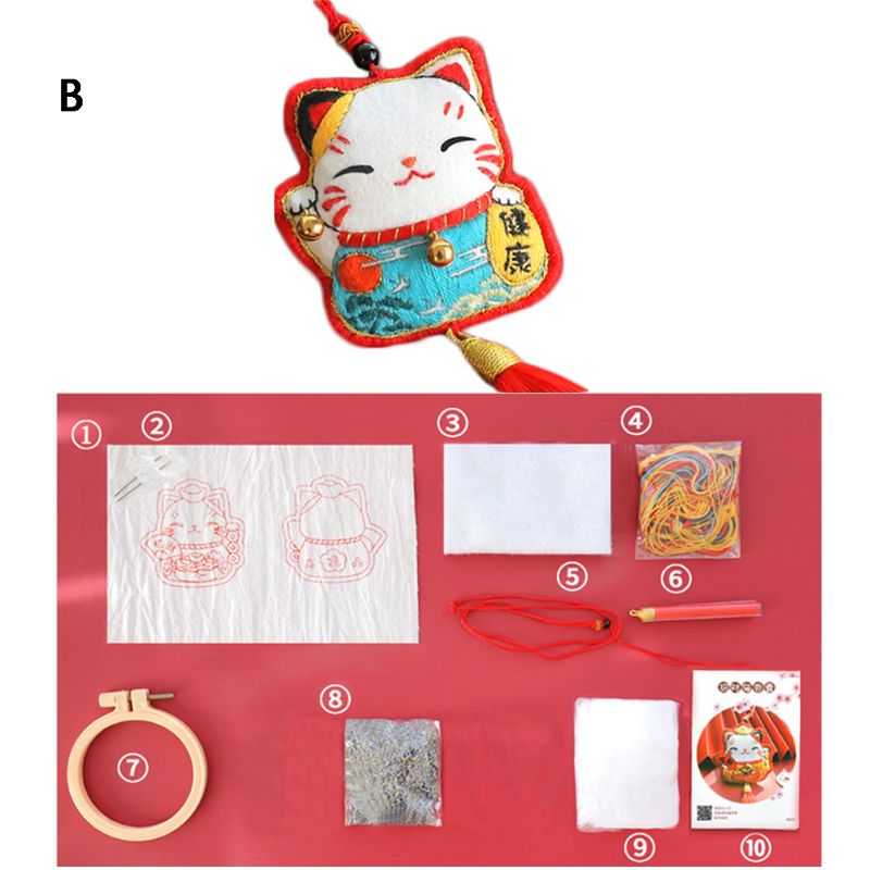 Lucky fortune cat diy broderiband kit handgjord lavendel påse material väska  k1mf: Typ b