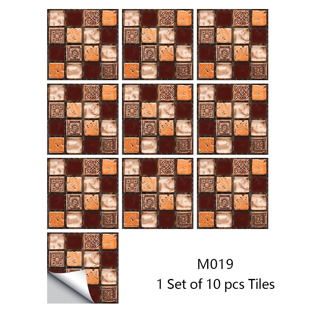 Pegatinas de pared de azulejos de mosaico de mármol, cubiertas planas impresas en 2D para cocina, baño, pelar y pegar, Mural de arte impermeable, 10 piezas: M019 / 10cmX10cmX10pcs