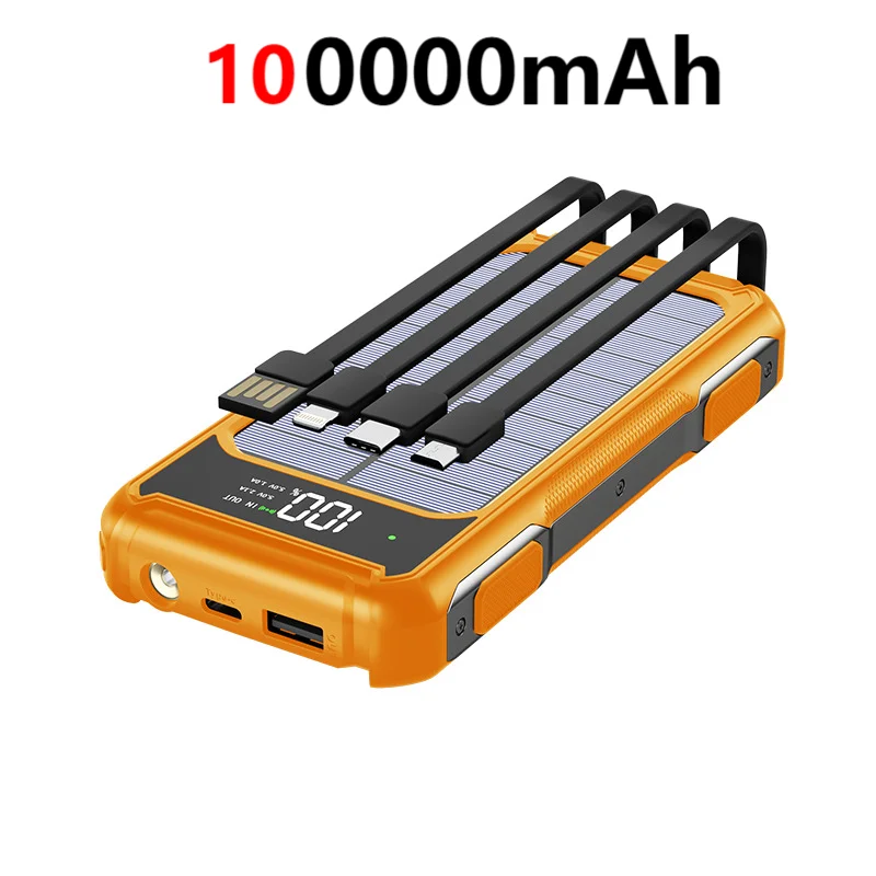 200000mAh 4 in 1 Built in Cables Solar Emergency Power Bank Large Capacity Intelligent Digital Display Power Supply for iPhone: Red