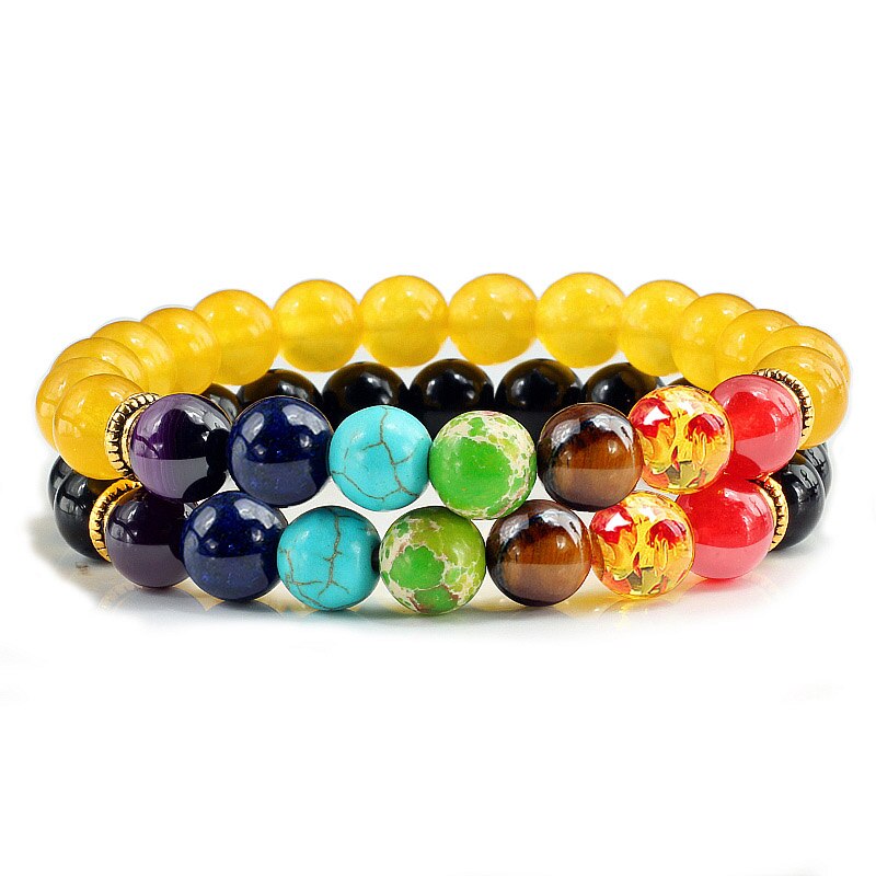 2 Stks/set 7 Chakra Lava Tijger Ogen Kralen Armbanden Healing Balans Boeddha Kleurrijke Natuursteen Mannen Armband Sieraden voor Vrouwen: Yellow Black