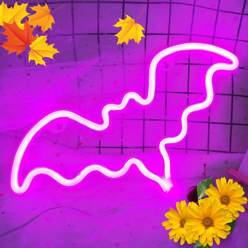 Lyserøde flagermus neonskilte nat led lys til værelse vægdekoration halloween fest hænge op dekorativ drevet af usb og aa batteri