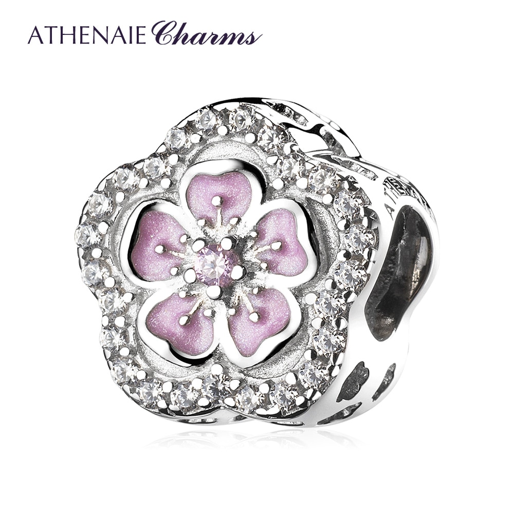 Athenaie 925 Sterling Zilver Roze Glazuur Clear Cz Kersenbloesems Charms Fit Originele Charm Armbanden Kettingen Voor Vrouwen