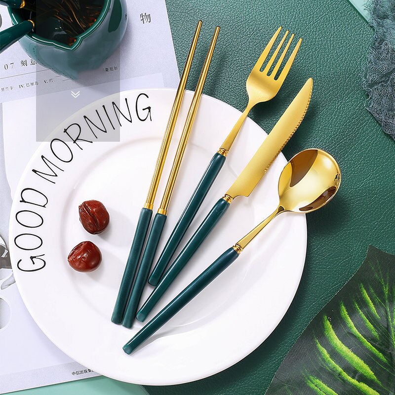 European-Style Ceramic Tableware Set Knife Fork Spoon Chopsticks 4-Piece Set 5 Colors Available Kitchen Supplies: Green