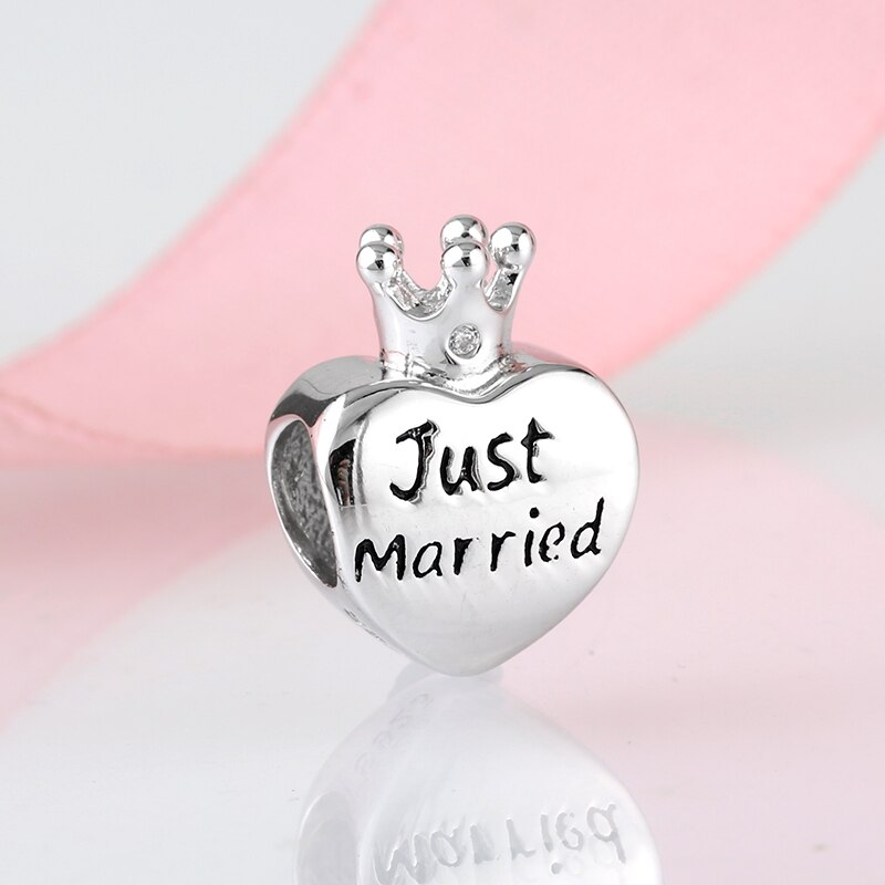 Regalo di Giorno di san valentino 925 Sterling Silver Just Married cuore Corona della regina Misura Branelli Originale JIUHAO Braccialetto di Fascino Monili che fanno