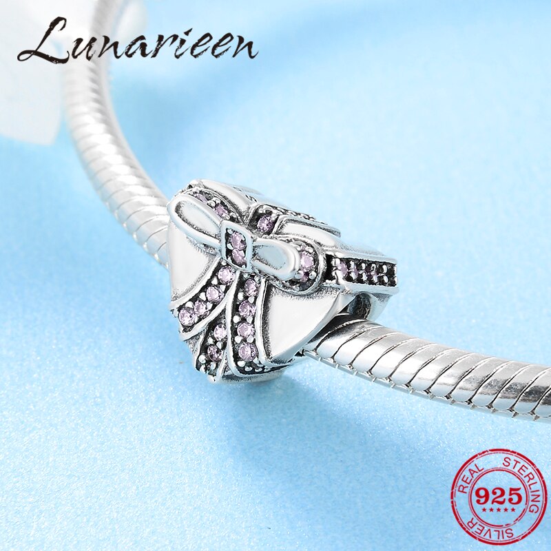 925 Sterling Silver Cute heart shaped pink zircon bow beads Fit Original European Charm Bracelet Jewelry making