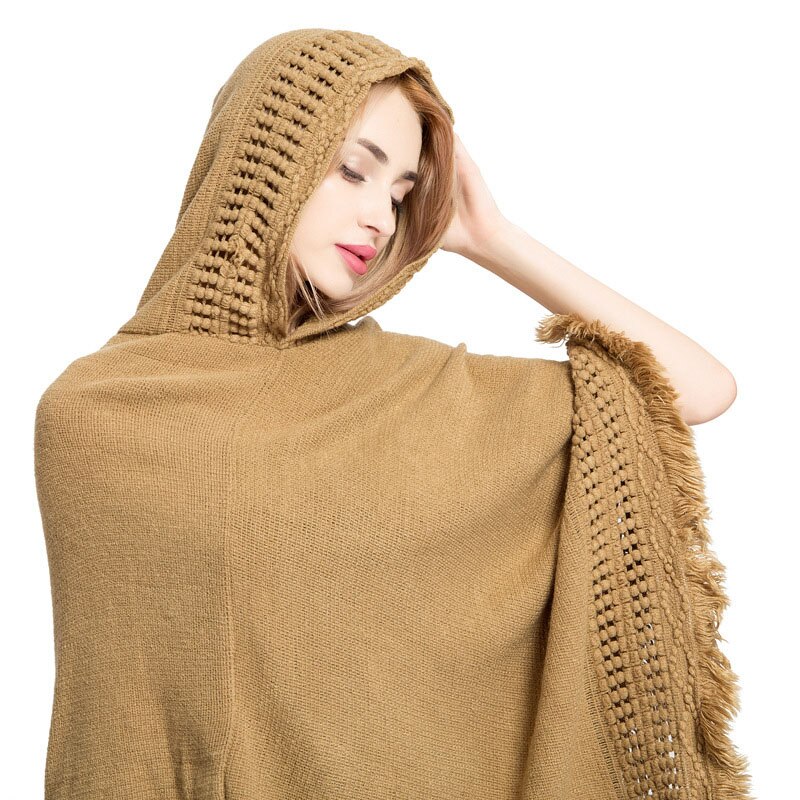 Vinter poncho til kvinder ensfarvet strik kashmir hætte kappe kvast sjal kvindelige cape ponchoer og kapper holder varmen: Khaki