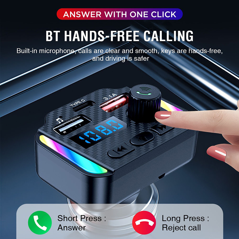 Bluetooth 5.3 bil fm-sändare pd typ-c dubbel usb  mp3- spelare bilradio modulator snabbladdningsadapter handsfree färgglatt ljus