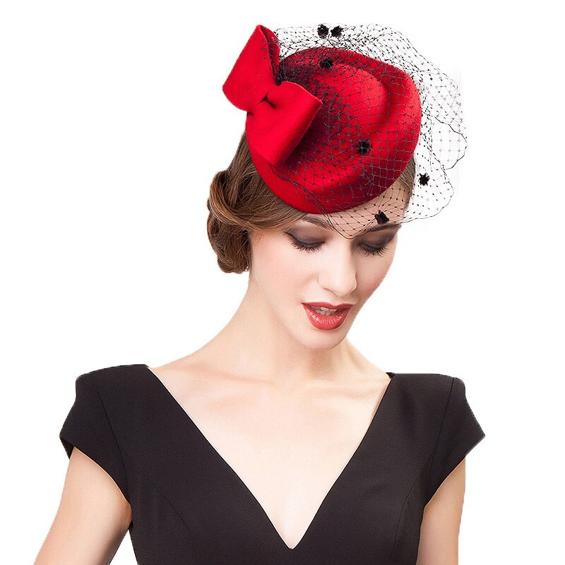 Fs sort hat til kvinder slør vintage uldfilt pilleæske hatte fascinator dame rød bryllup cocktail hatte sløjfe derby fedora