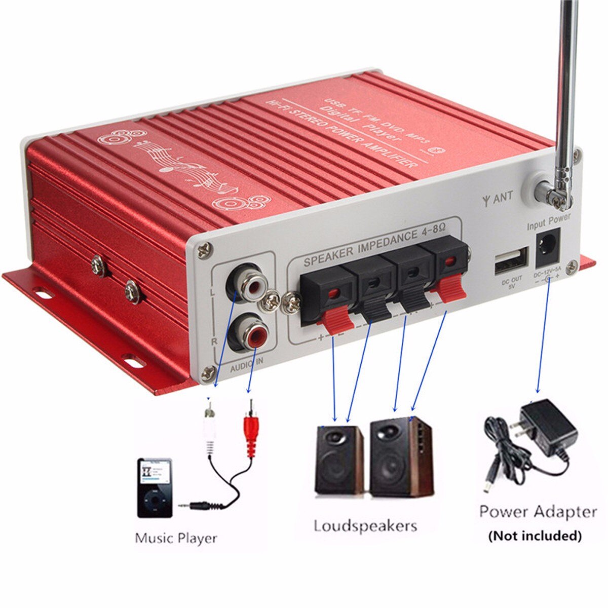 12V Auto Mini bluetooth Hi-Fi Stereo Amplifier Bass Booster Wireless bluetooth Amplifier Adjustable Subwoofer for Car Motorcycle