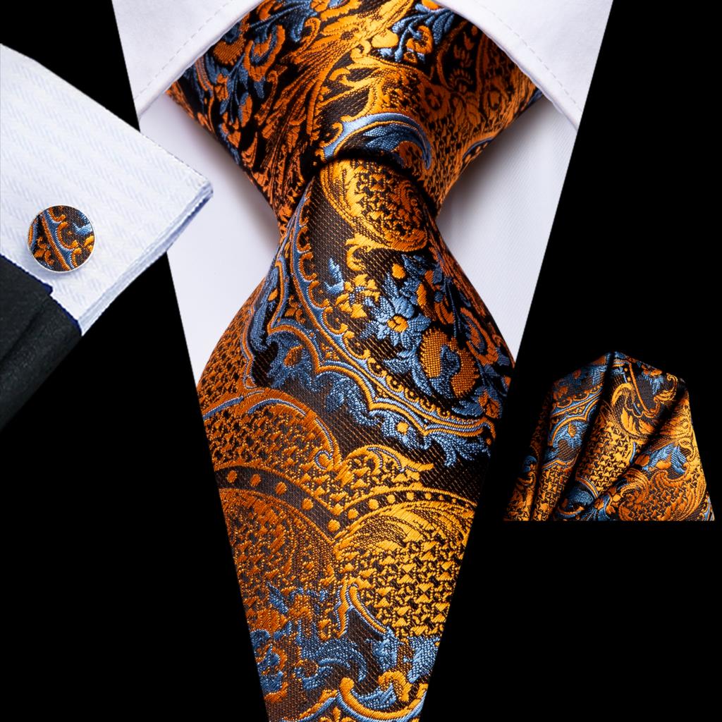 Hi-Tie-corbata de seda a rayas para hombre, corbata de boda a rayas de color naranja o dorado, pañuelo, para de negocios