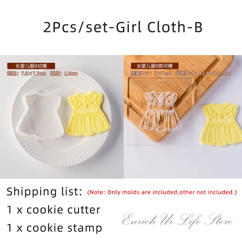 2Pcs Baby Clothes Embossed Cookie Mold Kids Birthday Cake Decorating Tools Fondant Biscuit Cutter Boy Girl Party Dessert Mold: GirlCloth-B