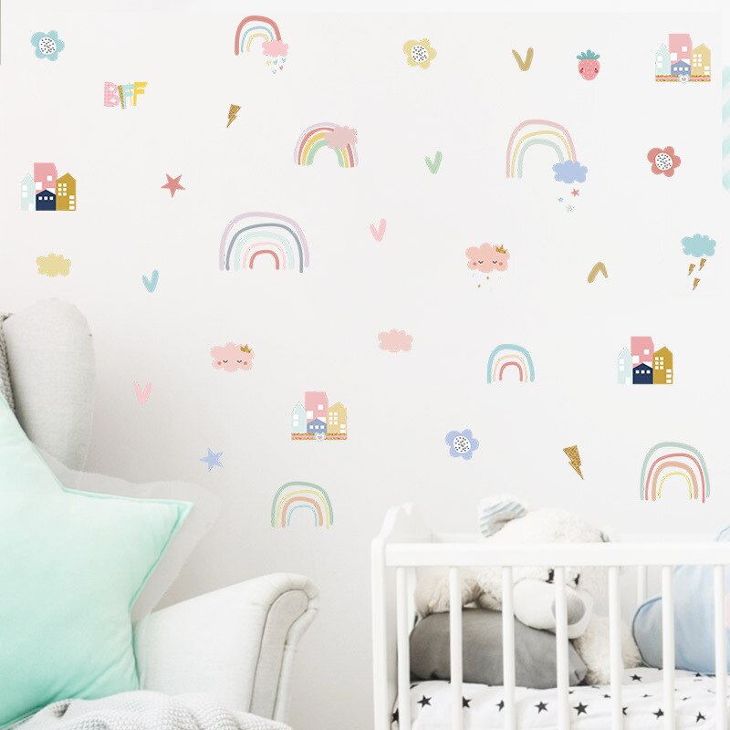 Cartoon Rainbow Cloud Wall Stickers Room Decoration Baby Nursery Bedroom Living Room Kids Rooms Decorations DIY Art Mural Poster