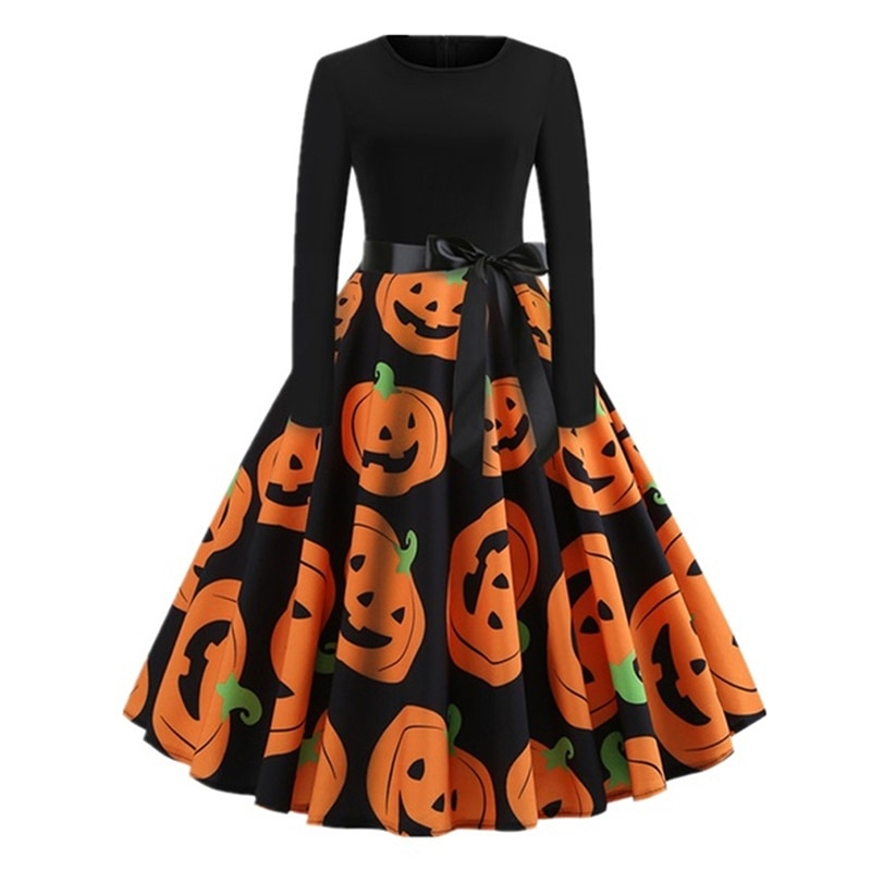 Fancy Pumpkin Printed Halloween Dress Long Sleeve Mid Length Princess Swing Dress Ladies Costume for Festival Party S-XXL: Black 2 / S