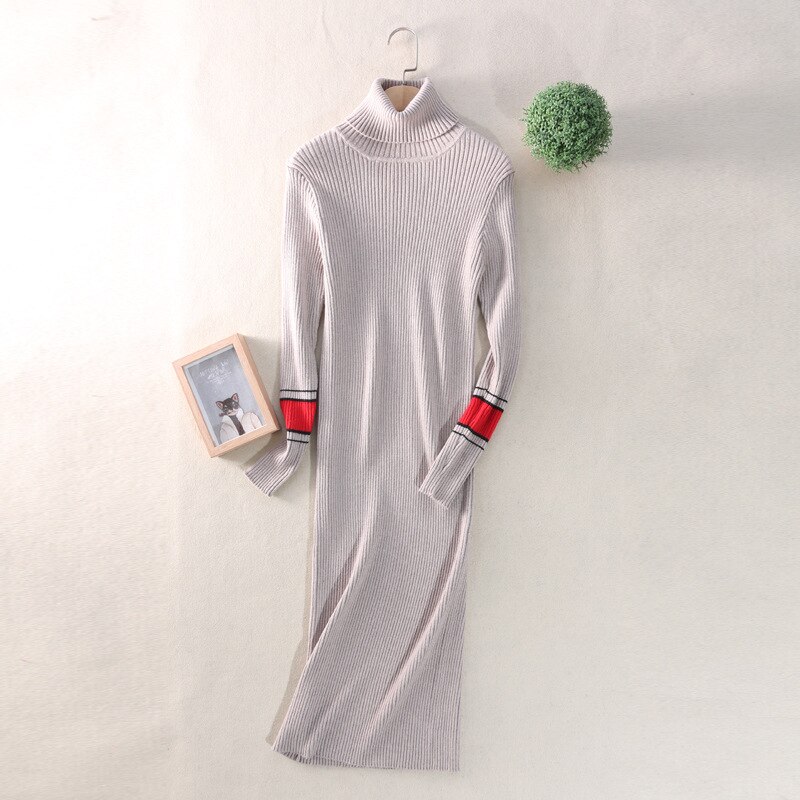 Autumn-Winter Women's Knitted Dress Fashionable sexy long dress with long sleeves and high collar: camel