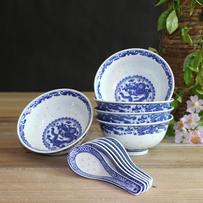 Jingdezhen Blau und Weiß Porzellan Geschirr Keramik exquisit Schüssel Porzellan Schüssel 5 Zoll Reis Schüssel einstellen Haushalt Schüssel und Erzähler: 5 Zoll Linglong doppelt Chinesisch Drachen 5 Schüssel  5 Löffel