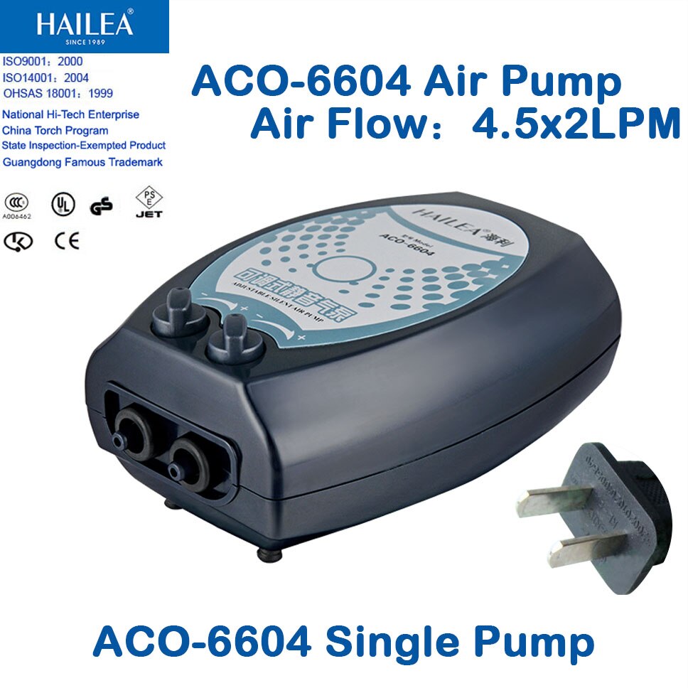 Brand HAILEA ACO-6604 Silent Aquarium Air Pump Oxygen Pond Aerator Water Fish Tank 4W 2x4.5L/Min Authorized Dealer: ACO-6604 Single Pump / EU Plug Adapter