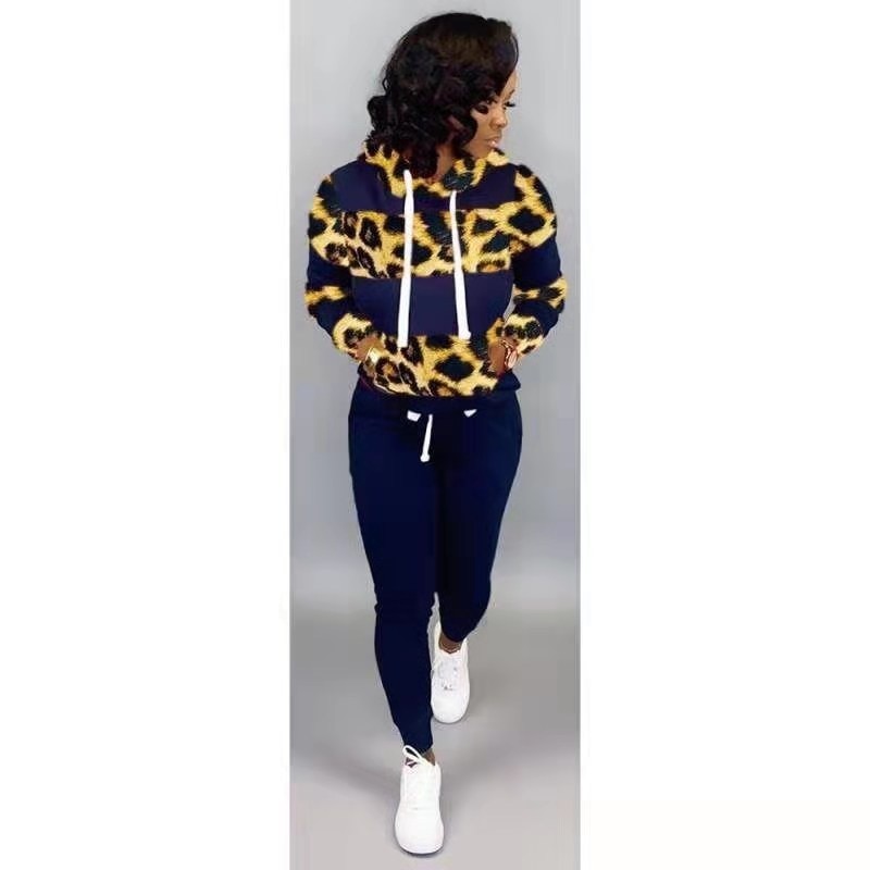 Europe and the United States autumn and winter personality high-end sports and leisure leopard two-piece: Blue / XXL