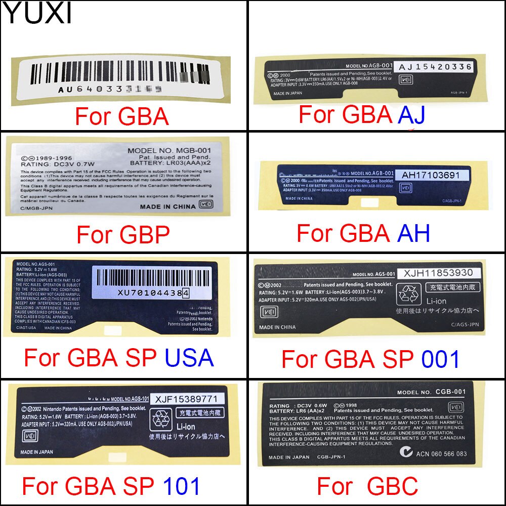 Yuxi 16Pcs Voor Nintendo Game Boy Pocket Vervanging MGB-001 Model Informatie Sticker Voor Gbp Gba Gbc Gba Sp 001 101 Label Japan