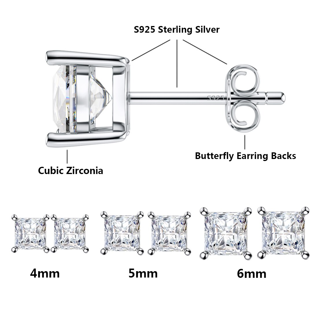 Jiayiqi 925 Sterling Silver Four-Post Square Crystal Zircon Silver Stud Earrings For Women Sterling Silver 925 Jewelry