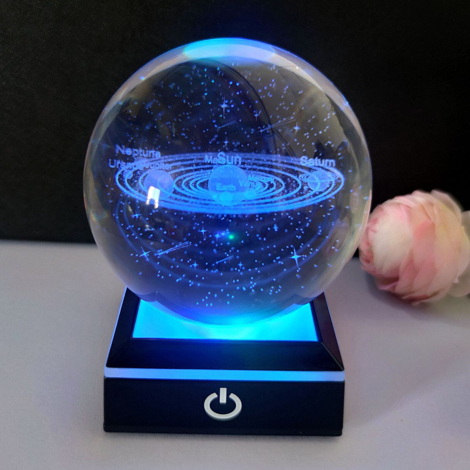 Système solaire planète Globe en cristal K9, 80mm, système solaire gravé en 3D, boule avec interrupteur tactile, Base lumineuse LED, d&#39;astronomie