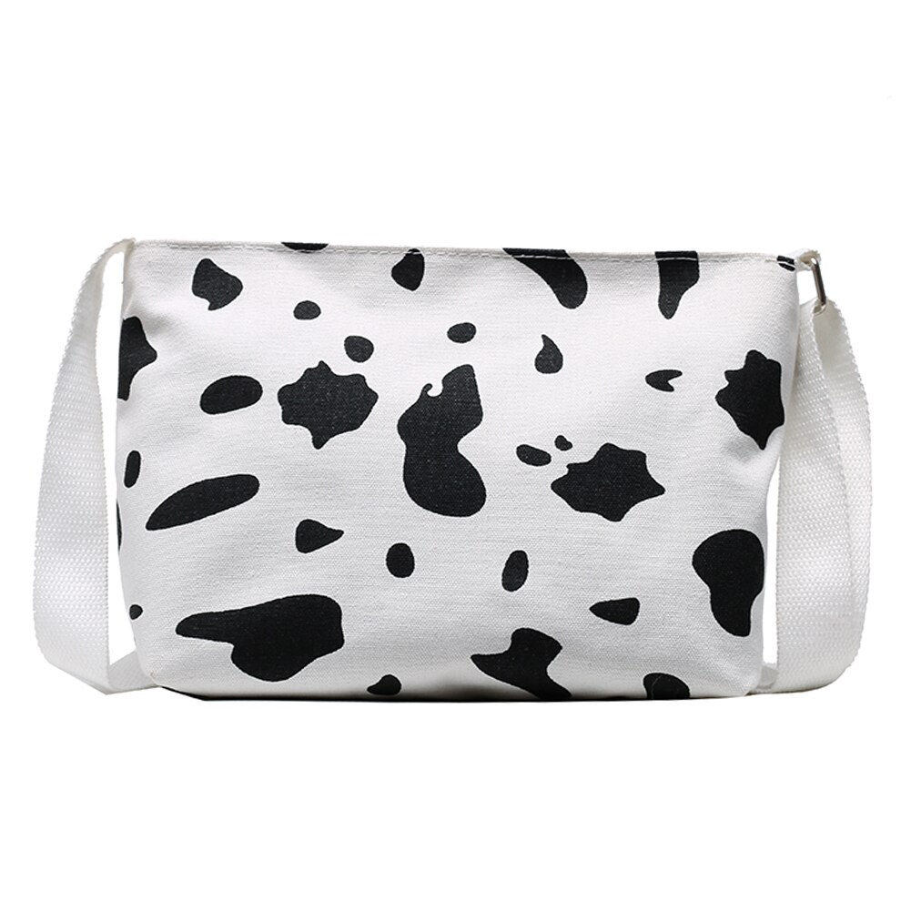 Populär enkel kvinnlig daglig väska kvinnor komjölkmönster crossbody väska kvinnlig canvas resor daglig axelpåse: Vit