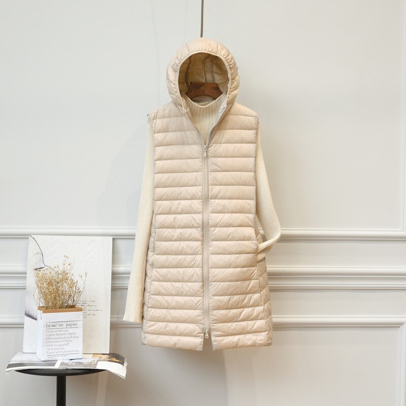 Newbang ultralett dunvest dame merke lang vest dame hette lett vest dame dunfrakk lang slank ermeløs: Beige / L