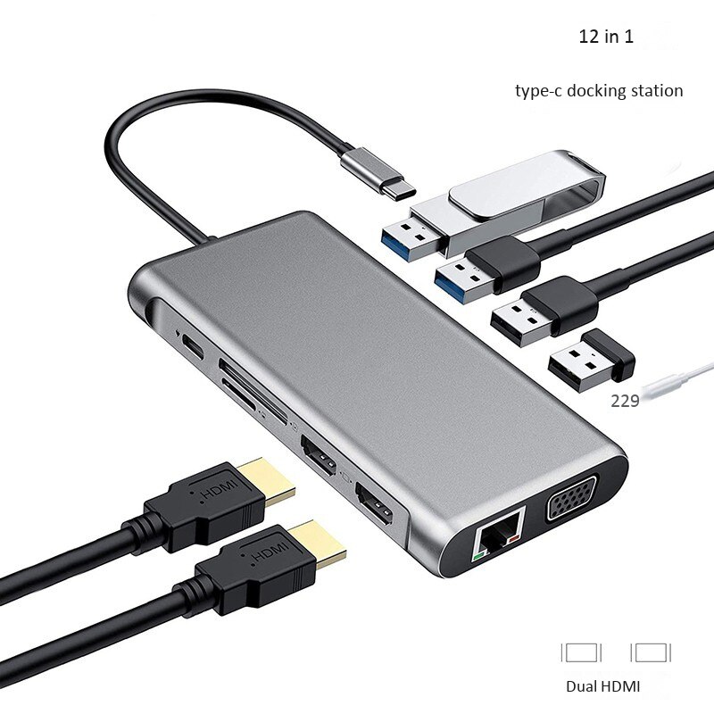 Hub USB C Dock di espansione 12 In 1 con doppia porta HDMI VGA USB 3.0 tipo-c lettore di schede SD/TF Display Docking Station per Laptop