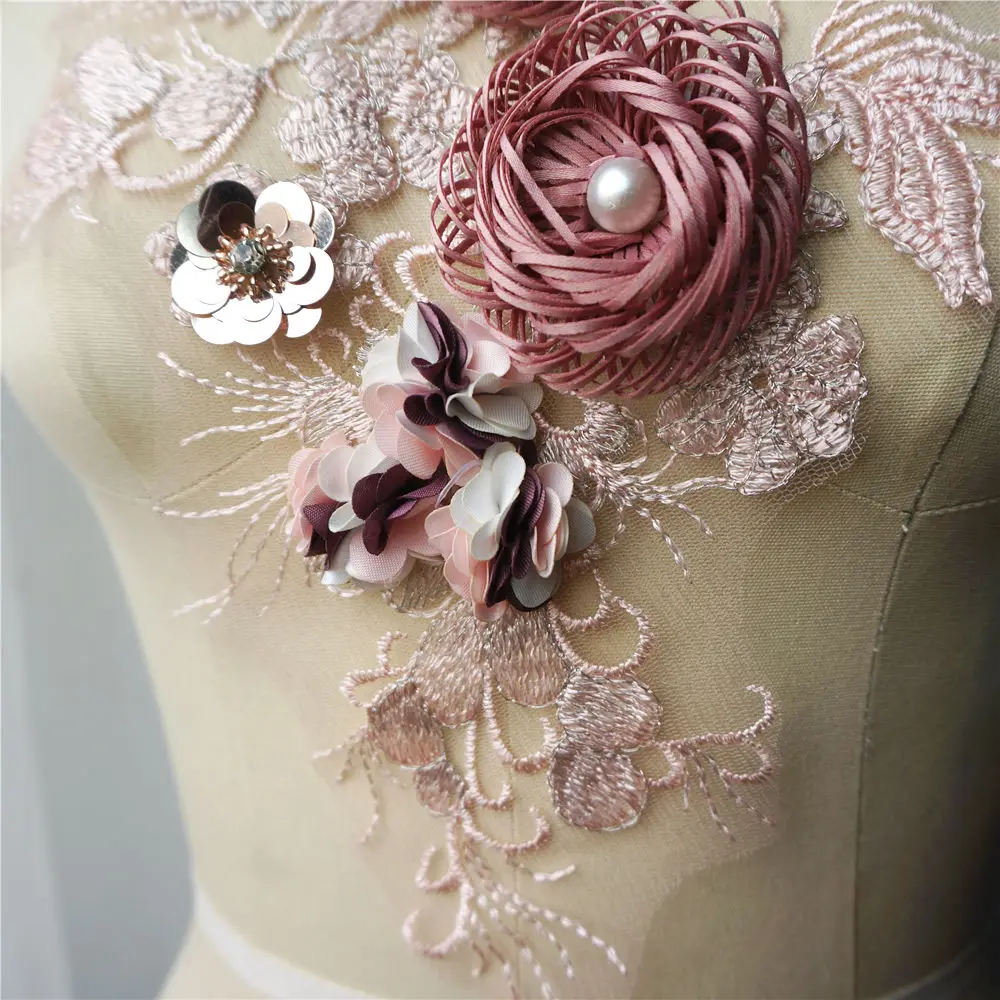 Rosa 3d flor tecido de renda contas lantejoulas bordado vestido de casamento apliques colarinho malha costurar remendos para vestido decoração diy