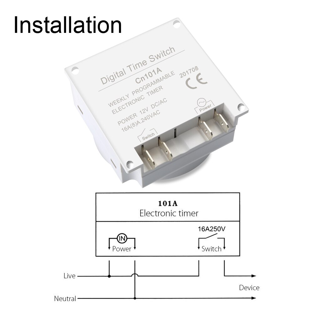 DC 12V 16A LCD Electronic Digital Power Programmable Timer Round Time Relay Switch Support 17 times Daily Weekly CN101A