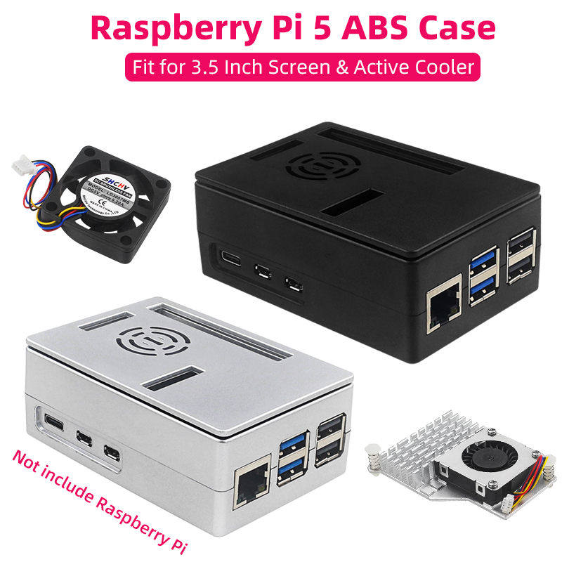 Raspberry Pi 5 ABS behuizing Zwart Zilver Plastic omhulsel Optionele PWM-koelventilator Actieve koeler Ondersteuning 3,5 inch scherm voor RPi 5 Pi5