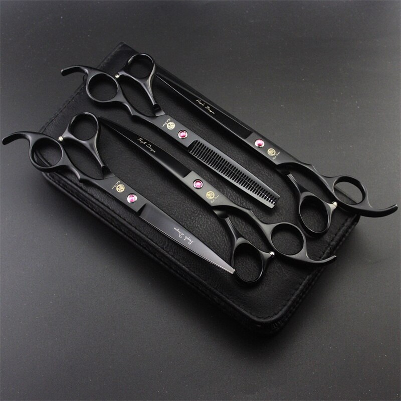 7.0 inch Professionele Huisdier Schaar Hond Verzorgen Schaar Set Straight &amp; Gebogen &amp; Dunner 4 stks Set Huisdier haircut Gereedschap: Black  P-704