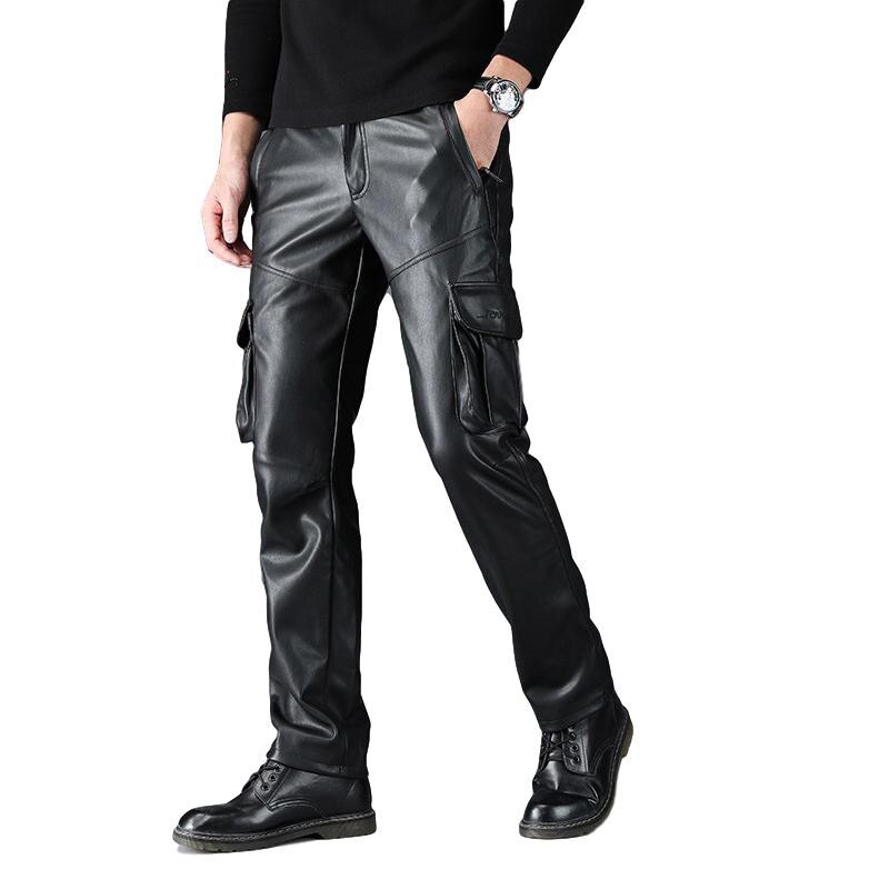 Mannen Pu Lederen Cargo Broek Motorfiets Biker Lederen Broek Zwart Elastische Straight Fit Lederen Broek Voor Mannelijke: 40