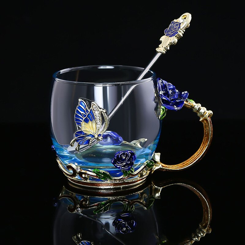 Red Blue Rose Enamel Crystal Tea Cup Coffee Mug Butterfly Rose Painted Flower Water Cups Clear Glass with Spoon Set Perfect