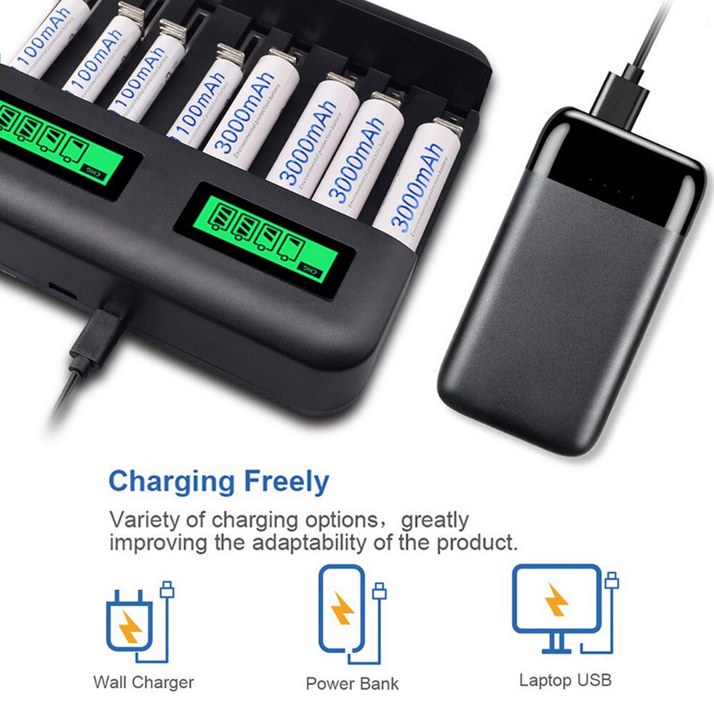 8 Slots Lcd Display Usb Smart Battery Charger For Aa Aaa Sc C D Size Rechargeable Battery 1.2V Ni-Mh Ni-Cd Quick Charger