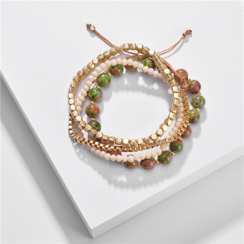 Jewelry 4 Layers Stacked Beaded Bracelets Set Stackable Natural Stone Chain Link Bracelet: Green