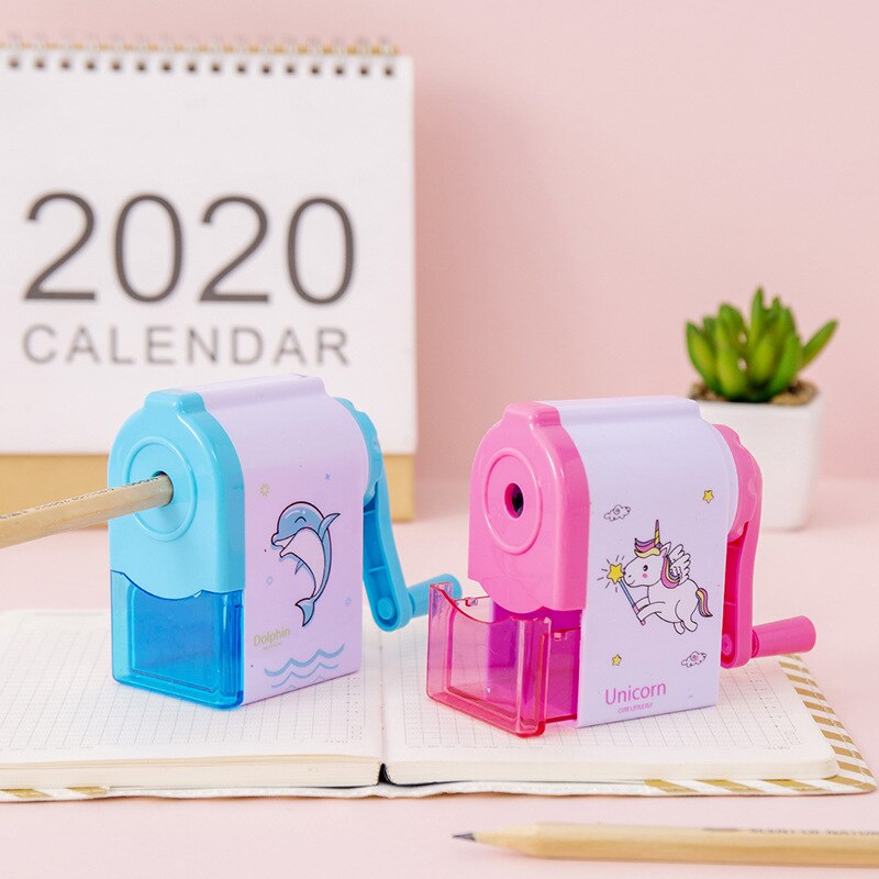Sacapuntas de unicornio con dibujo de delfín, sacapuntas con manivela manual, bonito sacapuntas mecánico de mano, de papelería, útiles escolares