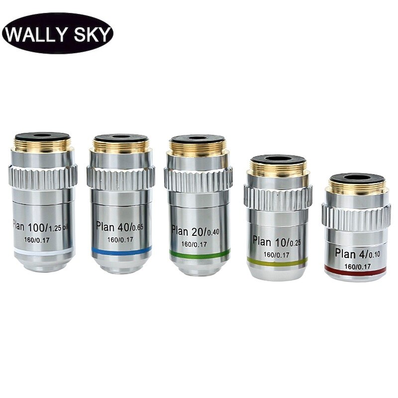 195 Plan Achromatic Objective 4X 10X 20X 40X 100X Biological Microscope Objective Lens Standard RMS Interface Optical Lens