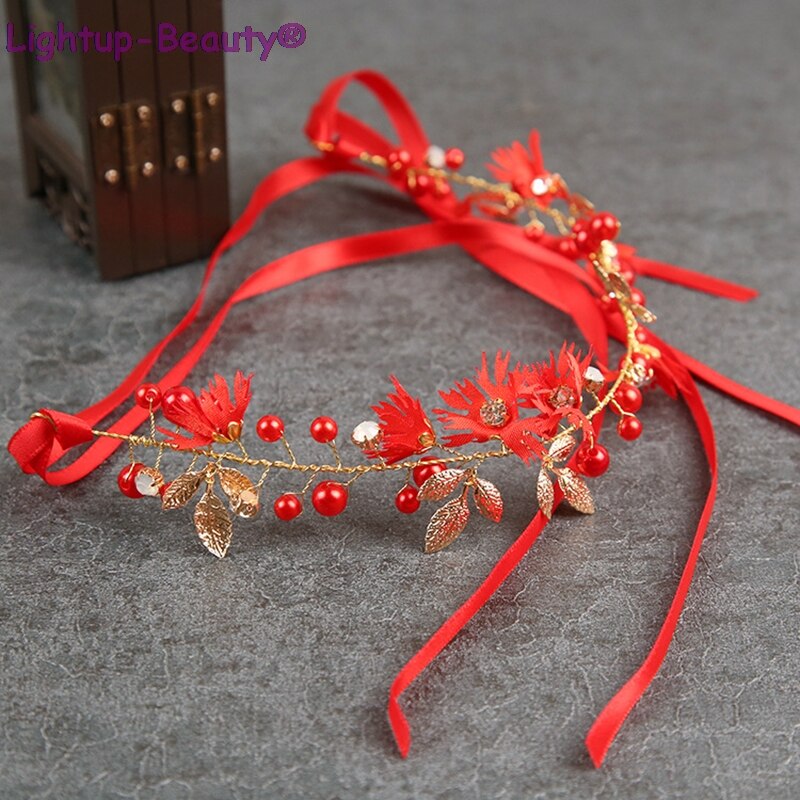 Rood/Goud Blad Daisy Bloem Hoofdband Bridal Tiara Haar Sieraden Lint Krans Parel Hoofddeksel Bruid Haar Accessoires