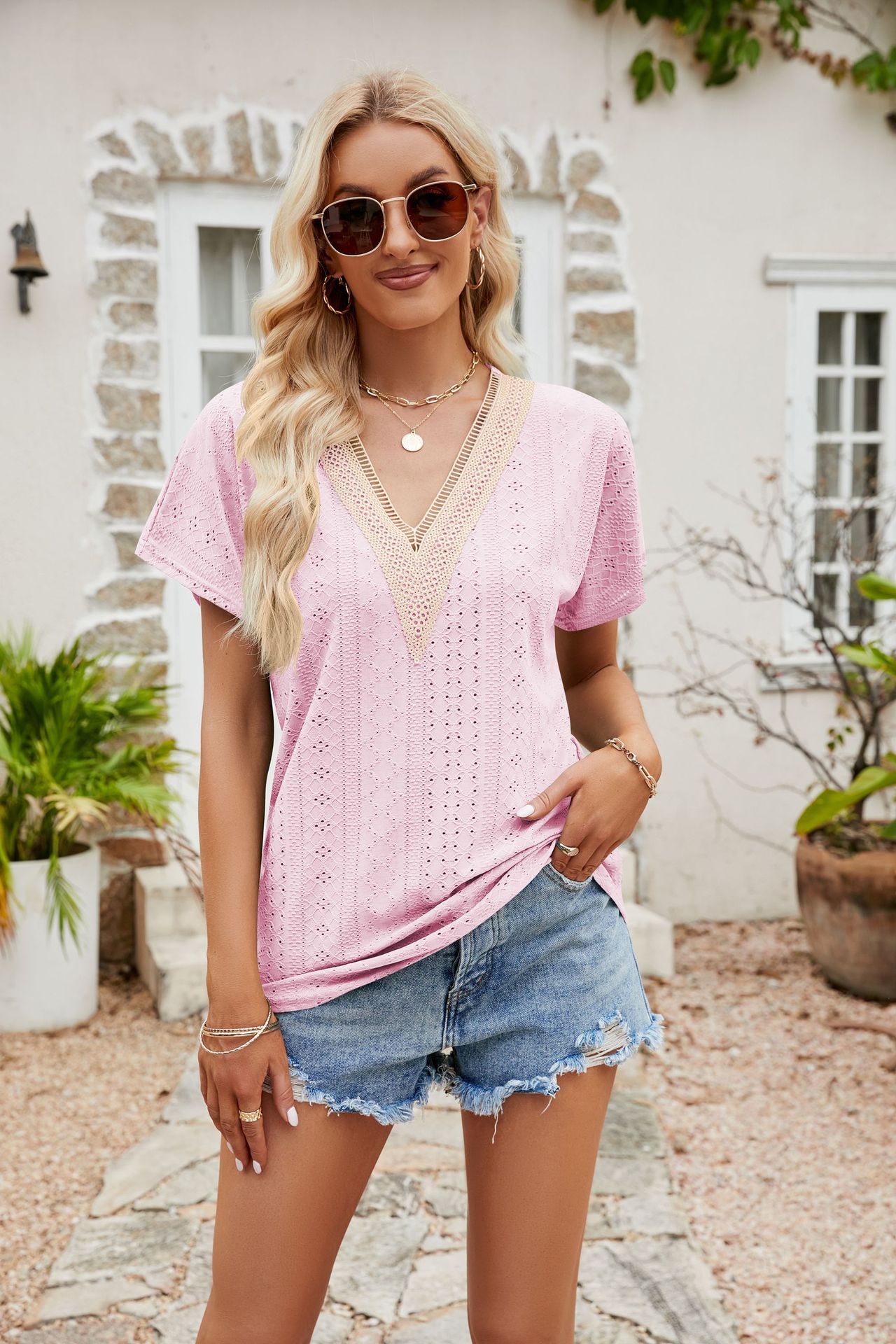 Yjkdyk dame sommertop kontrast t-shirt udhulet v-hals patchwork blonde t-shirt afslappet løs blød top kvinder: Xl / Lyserød