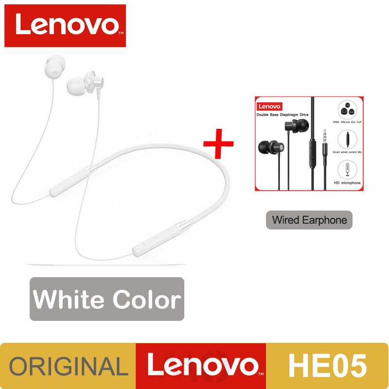 Original Lenovo HE05 Bluetooth 5.0 Wireless Magnetic Neckband Running Sports Earphone Earplug with Waterproof Noise Canceling: HE05 White add TW13