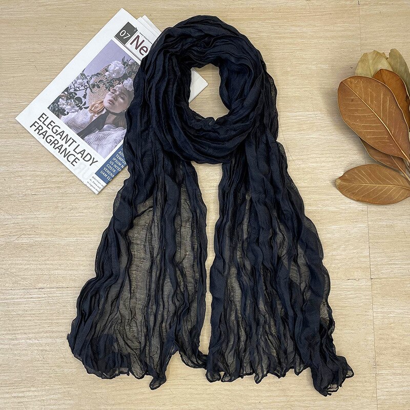 Écharpe plissée rétro en coton et lin de couleur unie pour femme, châle Long de chambre à coucher, pour bureau, printemps et automne: 9