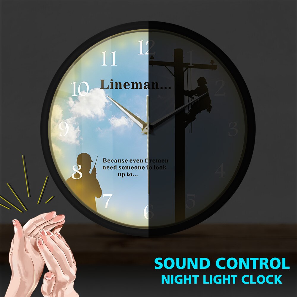 Lineman Work Under The Big Sunshine LED Lighting Wall Clock Electrician Voice Control Watch Inspirational Quote Silent Timepiece