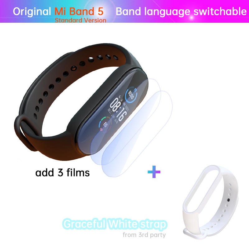 Xiaomi-Pulsera Mi Band 5 de fitness, reloj con monitor deportivo del ritmo cardíaco las 24 horas, carga magnética, sueño REM, siesta, pasos, natación, alarma de recordatorio,: STD n film white