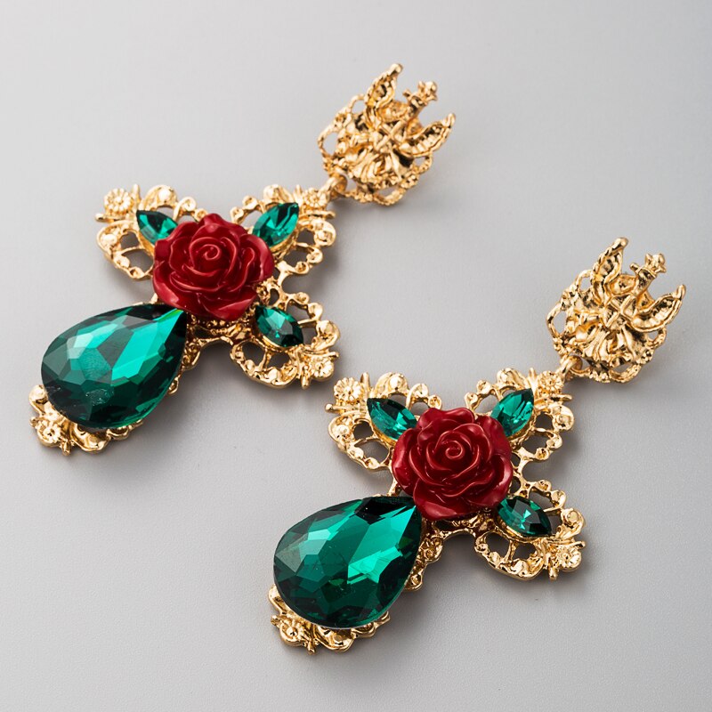 Za gothic statement oorbel voor vrouwen rood groen grote rozenbloem gouden kruis etnische feest oorbel