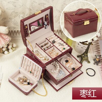 Leather Jewelry Box 7 Colors With Small Protable Travel Jewelry Casket 3 Layers Box: Maroon