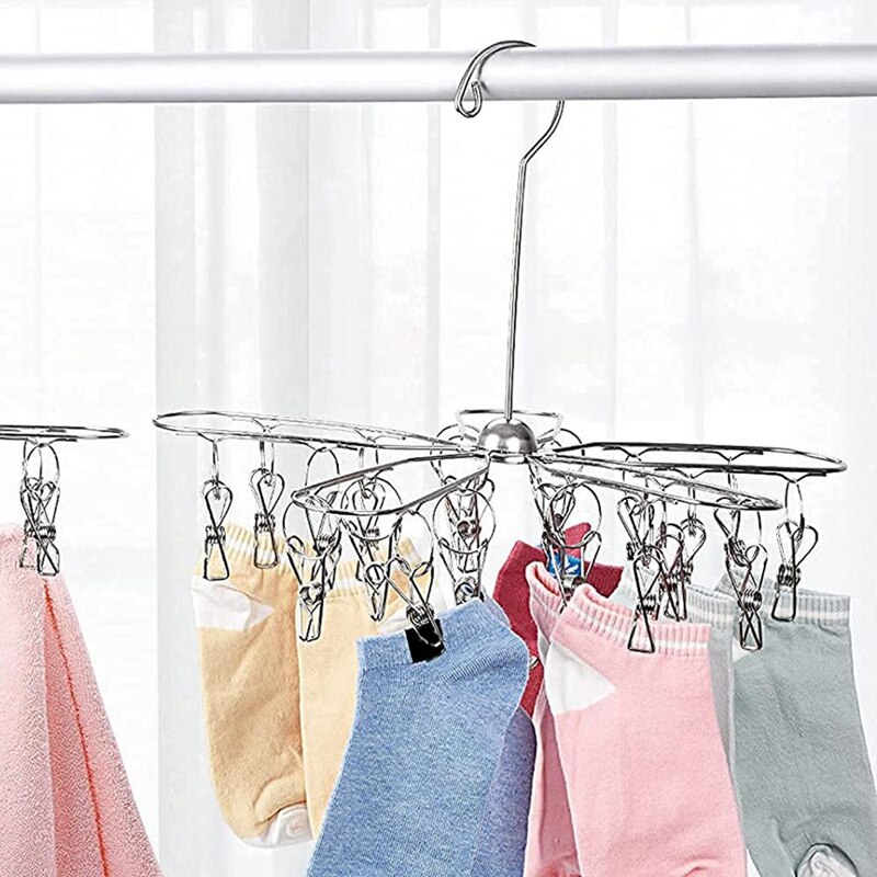 XD-Stainless Steel Foldable Clothes Drying Hanger,Laundry Drying Rack With 20 Clips,Hanger For Towels,Sock,Bra,Hat,Gloves