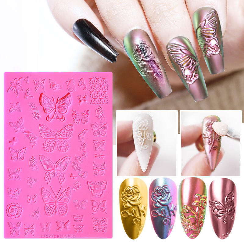 14.5*10cm 3D Relief Decorating Tool Nail Art Silicone Printing Template Nail Mold Powder Chrome Pigment Dust Printing Plate