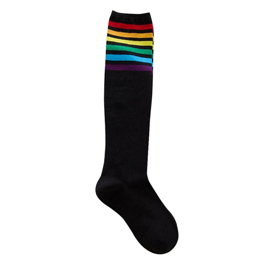 1 par sokker kvinder lange lår regnbue stribede strømper efterår søde kvinder studerende piger farverige striber sort hvide knæstrømper #o: Sort