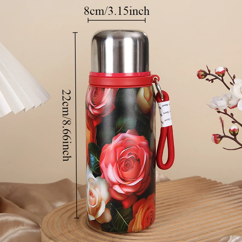 Retro and Bustling High-value Insulated Cup with Rose Pattern Double-layer Water Cup Car Portable Drawstring Stew Cup: Blue