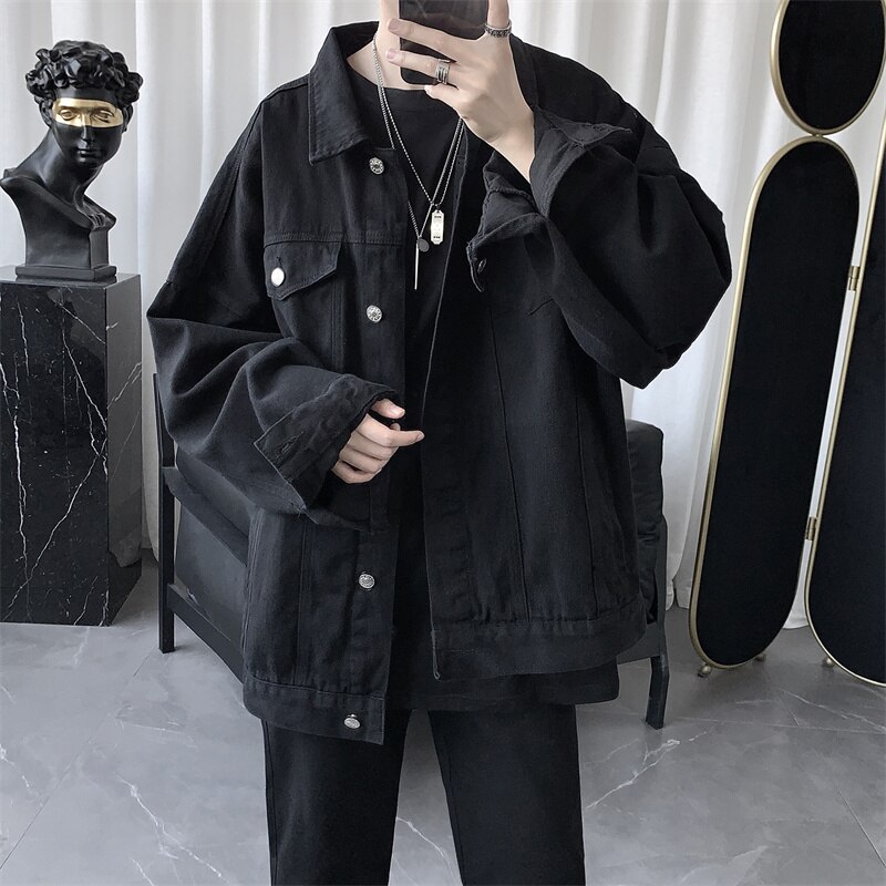 Safari Denim kurtka męska mroczny styl smażona kurtka uliczna skręcić w dół kołnierz dorywczo luźna i przystojna solidna męska kurtka ubrania: black / Asia 3XL(75-80KG)
